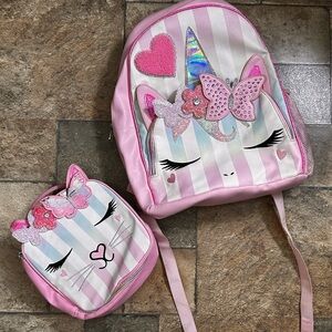 Girls Pink Unicorn Stripe Backpack and Lunch Bag Set